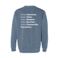 Back view of a light blue crewneck sweatshirt with large white print that reads: Every American. Every Voter. Every Student. Every Survivor. Every Community. Everytown.