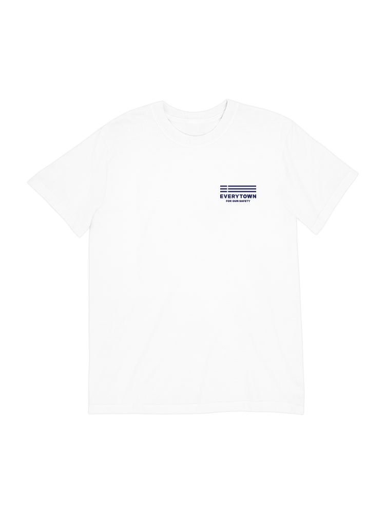 Front view of a white unisex short sleeve t-shirt with a small, dark blue Everytown for Gun Safety logo printed on left chest.