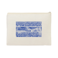 Canvas pouch with zipper at top and blue print depicting three halftone images: a field of flowers, two people holding hands, and a group of people in front of a state capitol with their hands raised.