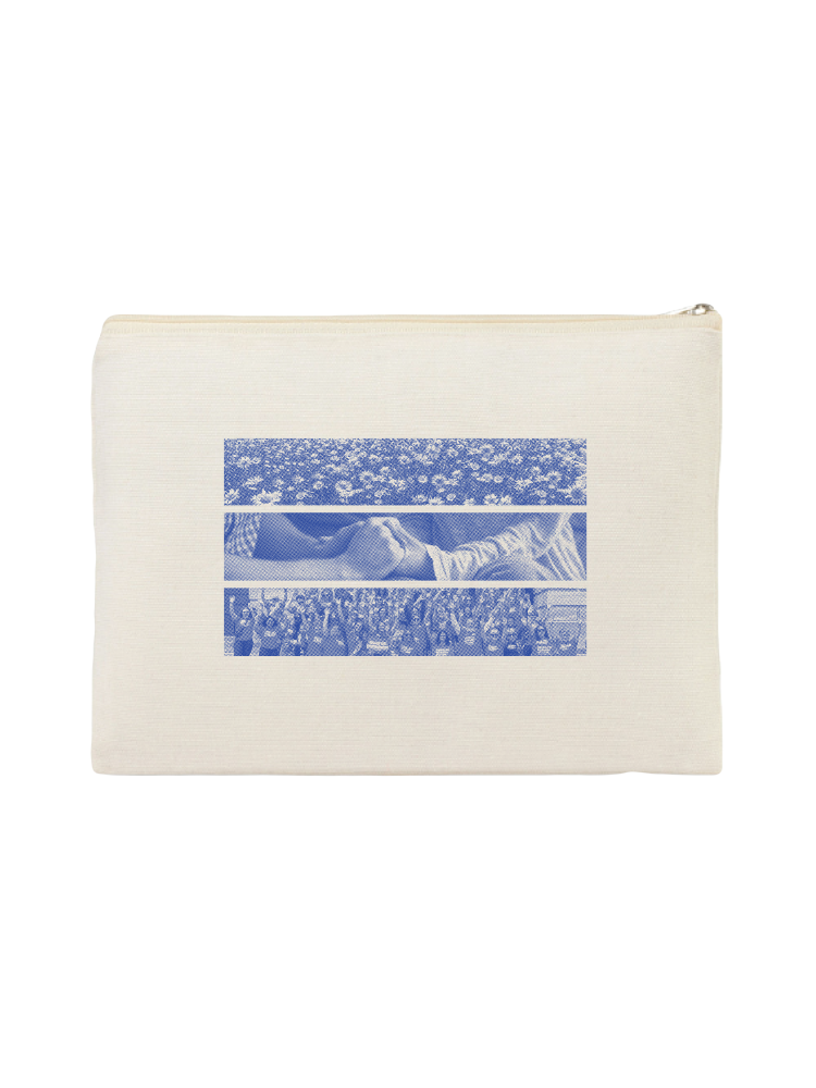 Canvas pouch with zipper at top and blue print depicting three halftone images: a field of flowers, two people holding hands, and a group of people in front of a state capitol with their hands raised.