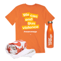 Back view of an orange short-sleeve unisex tee that reads: We can end gun violence #wearorange. A white towel with the Wear Orange logo in orange print. An orange stainless steel water bottle with a white Wear Orange logo.