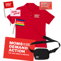 Product image of red polo with white embroidered Moms Demand Action logo on left chest, 11x17 inch red sign with Moms Demand Action logo, black belt bag with white Moms Demand Action logo, red enamel pin with silver Moms Demand Action logo, and pack of 3 mini flags—one with the Moms Demand Action logo, one that says Keep going!, and one that says DISARM HATE.