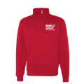 Front view of red quarter-zip collared sweatshirt with a small white Moms Demand Action for Gun Sense in America logo printed on left chest.