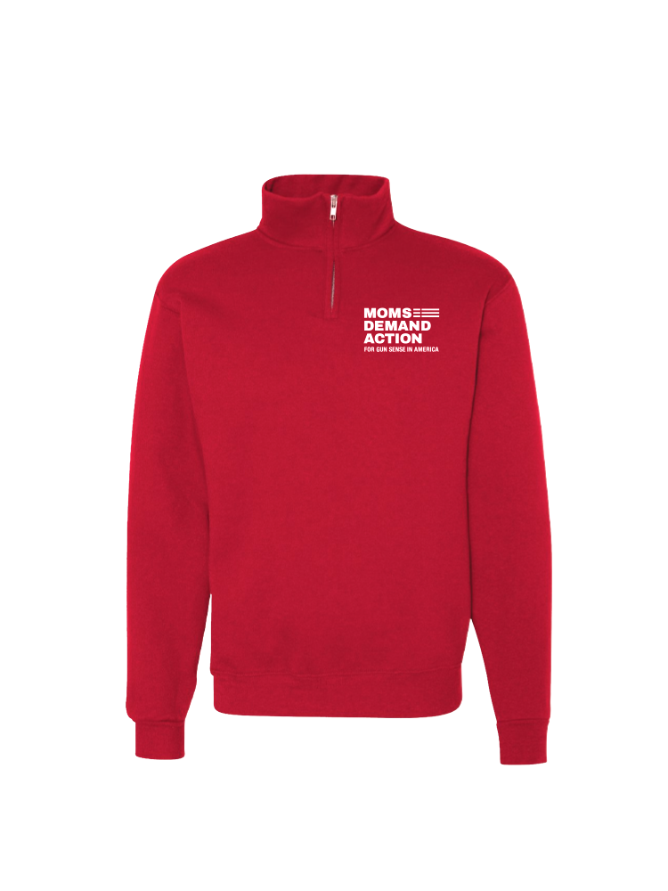 Front view of red quarter-zip collared sweatshirt with a small white Moms Demand Action for Gun Sense in America logo printed on left chest.