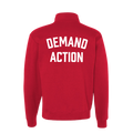 Back view of red quarter-zip collared sweatshirt with the phrase DEMAND ACTION printed in large white all caps text across the back.