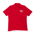 Front view of a red polo short sleeve shirt with a white embroidered Moms Demand Action logo on left chest.