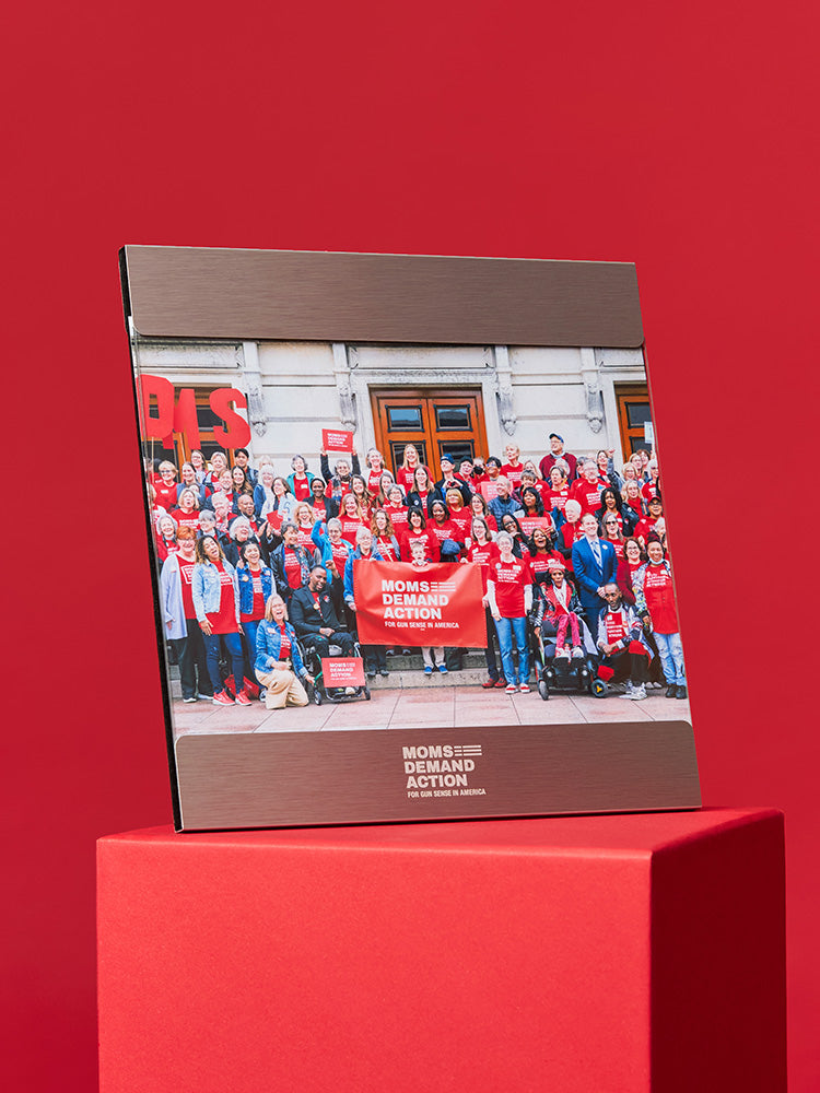 Front view of 5 x 7 inch picture frame with a photo of Moms volunteers in front of a state house, with brushed aluminum framing on top and bottom, and a white Moms Demand Action logo centered on bottom.