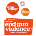 Three circular buttons of different sizes. Largest button is dark orange with a white Wear Orange logo. Medium button is light orange with white text that reads: we can end gun violence. Smallest button is white with orange text that reads: wear orange. Two identical rectangular orange stickers with white text that reads: we can end gun violence wearorange.org.