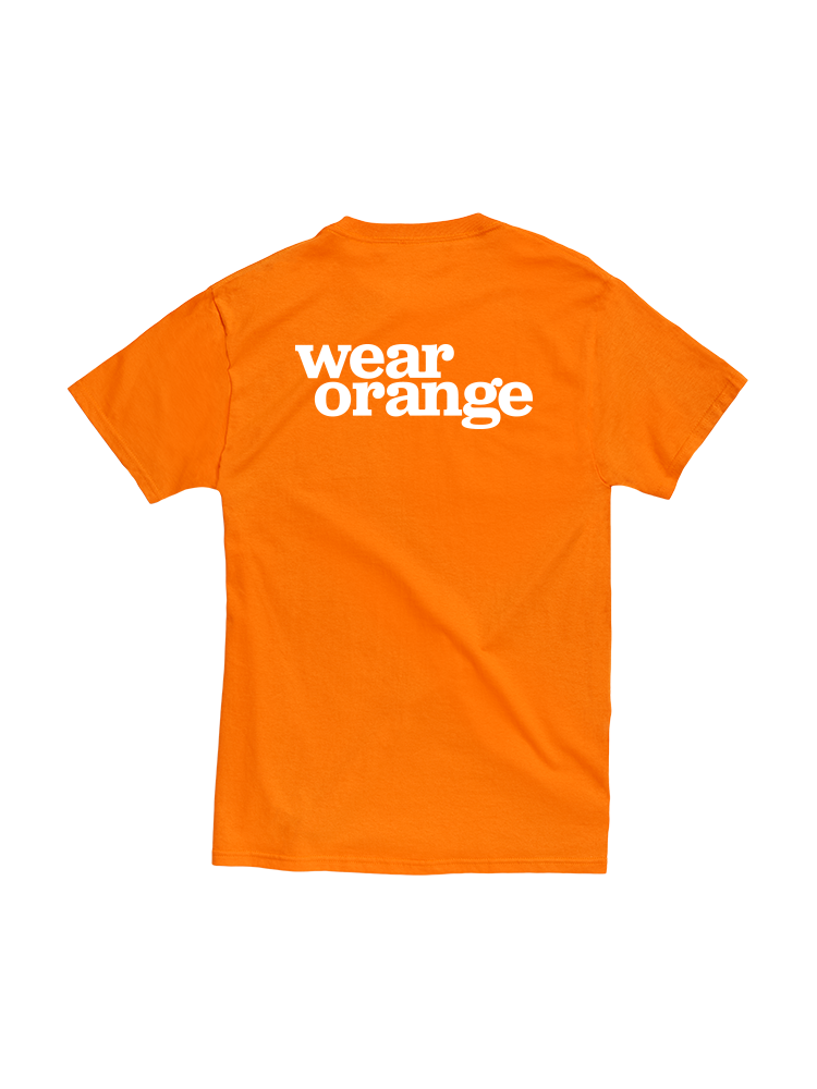 Orange short-sleeve unisex t-shirt, back view. The Wear Orange logo is printed large in white.