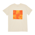 Cream colored short-sleeve unisex t-shirt, front view. There is a 2x3 grid with orange duotone images of candles, birds flying, lanterns in the sky, marigolds, a fist raised, and a monarch butterfly. In small, orange all-caps print, it reads: Wear orange for a future free from gun violence.