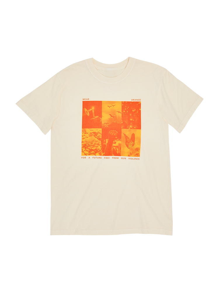 Cream colored short-sleeve unisex t-shirt, front view. There is a 2x3 grid with orange duotone images of candles, birds flying, lanterns in the sky, marigolds, a fist raised, and a monarch butterfly. In small, orange all-caps print, it reads: Wear orange for a future free from gun violence.