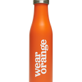 An orange stainless steel water bottle with a silver screw-on lid. A white Wear Orange logo is printed vertically on the bottle.