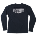 Back view of a navy blue long sleeve unisex shirt with a large white Everytown for Gun Safety logo printed on upper back.