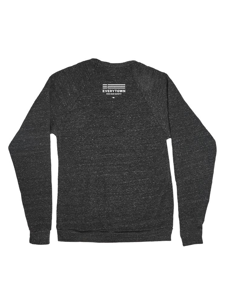 Back view of a gray, heathered crewneck sweatshirt with a small white Everytown For Gun Safety logo printed below the collar.