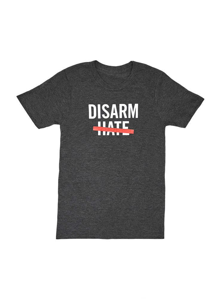 Front view of a dark gray short sleeve t-shirt with the text DISARM HATE printed in white with a red line through the word HATE.