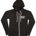 Front view of a black zip-up hooded sweatshirt with two front pockets and a small white Moms Demand Action logo printed on left chest.