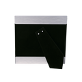 Back view of 5 x 7 inch picture frame with brushed aluminum framing on top and bottom and black easel stand on back.