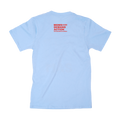 Back view of a light blue short sleeve unisex t-shirt with the Moms Demand Action logo printed in red below the collar.